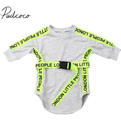 2019 Spring Autumn Fashion Infant Kids Baby Girls Dress Long Sleeve Fluorescent Letter Sashes Knee Length Straight Dress 6M-5T