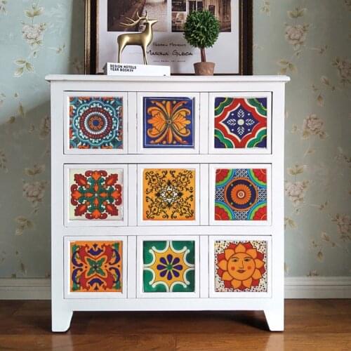 24Pcs Vintage Self-stick Wall Sticker Colorful Pattern Print Retro Wall Decals Bathroom Kitchen Bedroom Waterproof Tile Decor