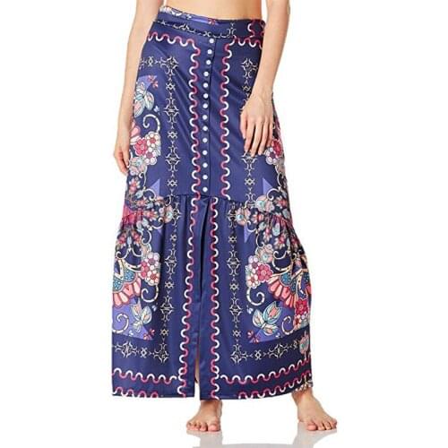 Neatie kiddie Women Elastic High Waist Folk-custom Print Long Skirt Single Breasted Decoration Elegant Casual Skirt Female
