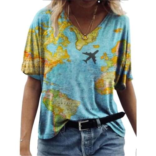 Oversize Tops Women Tie Dye Map Print T Shirt Summer 2021 Casual Streetwear Short Sleeve V-Neck Loose T Shirts Plus Size 2XL 3XL
