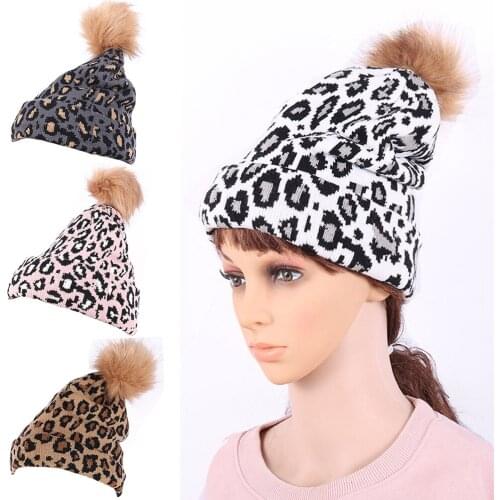 Women Warm Knitted Hats Leopard Pattern Beanie Hairball Caps Ladies Wool Hat HATBD0307