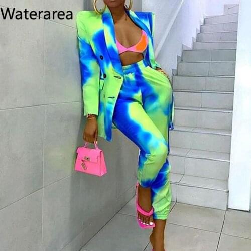 Waterarea 2021 Autumn Winter Women Tie-dye Set Two Piece Set Office Suit Plus Size Outfits Jacket Casual Skinny Leg Set Pants