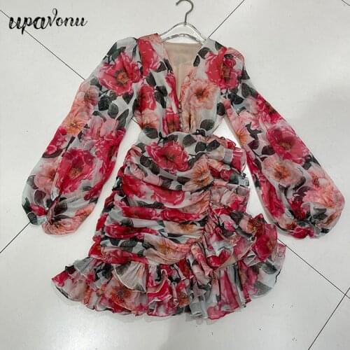 Free Shipping 2021 High Quality Draped Printed Dress Womens V-neck Long Sleeve Bodycon Seaside Vacation Ruffle Dress Vestidos