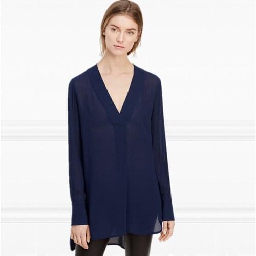 2017 Spring/Summer Casual V-neck Chiffon Blouse, Women Medium-long Design Front Short Back Long Chiffon Shirt Top