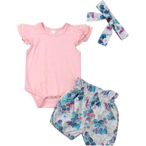 3Pcs Cute Baby Girl Clothing Set Summer Girls Outfits Ruffle Sleeveless Tops Cotton Romper Shorts Headband Baby Girl Clothes Set