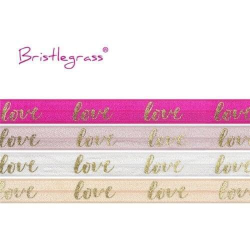 BRISTLEGRASS 5 Yard 5/8" 15mm Gold Love Foil Print Fold Over Elastics FOE Spandex Bands Hair Tie Headband Tutu Dress Sewing Trim