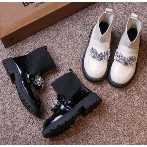 Girls' Rhinestone Sock Boots PU Leather Ankle Boots Spring Autumn Fashion Single Boot Knitted Mesh Slip on Princess Dress Shoes
