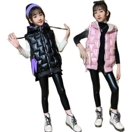 Children Clothes Girls Winter Thick Cotton Vest 2021 New Teenage Bright Leather Disposable Waistcoat Down Cotton Sleeveless Tops