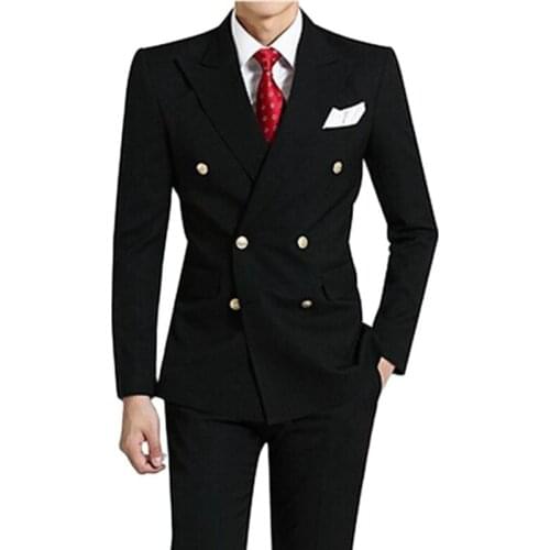 Double Breasted Black Groom Tuxedos Slim Fits Mens Coat Trousers Sets 2 Piece Prom Party Clothing (Jacket+Pants+Tie) W:496