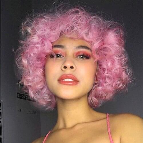 HOUYAN Pink Black Brown Gradient Small Curly Hair Synthetic Wig Female African Kinky Short Curly Wig Synthetic Natural Fluffy Bl