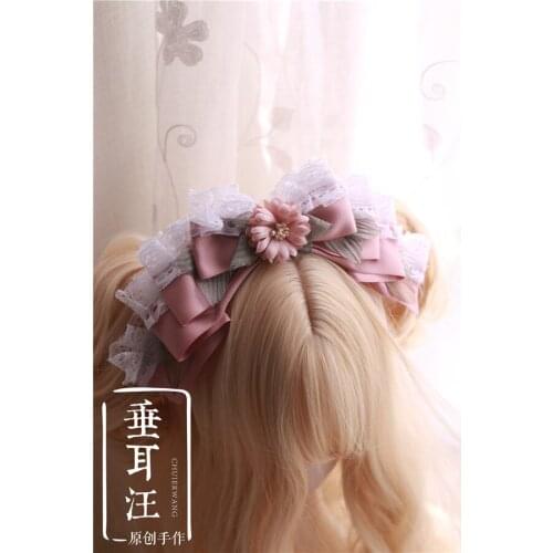 Handmade Japanese Ancient style KC Kimono style Pink four layers Lace Bowknot Vintage Elegant Hair Hoop Cosplay Comic-con Props