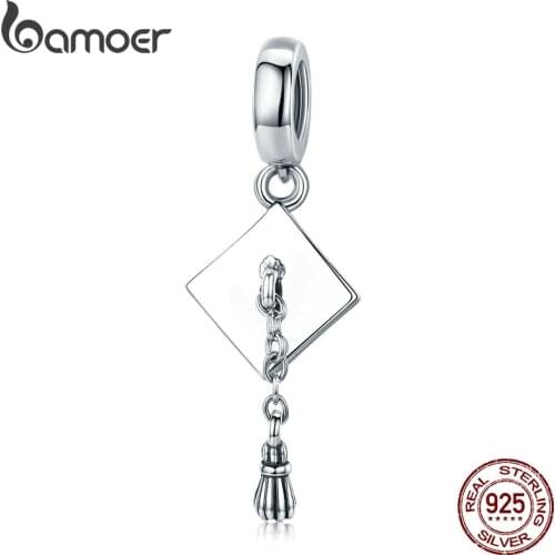 BAMOER Authentic 925 Sterling Silver Graduate Trencher Cap Long Tassel Pendant Charm fit Women Bracelet DIY Jewelry Gift SCC459