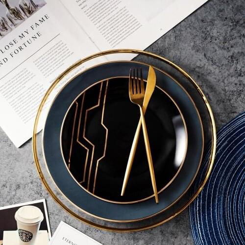 Fashion Color Ceramic Dinner Plate Gold Inlay Accent Dessert Cake Plate Service Salad Plates Tableware Set Showroom Decoration
