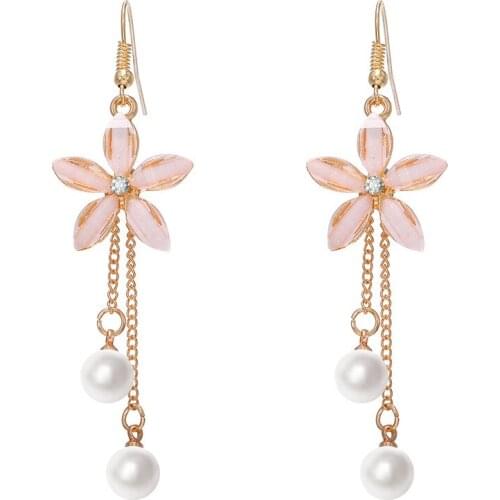 Fashion Temperament Trend Eternal Flower Pearl Long Earrings Simple Wild Crystal Flower Tassel Ear Hook Gift