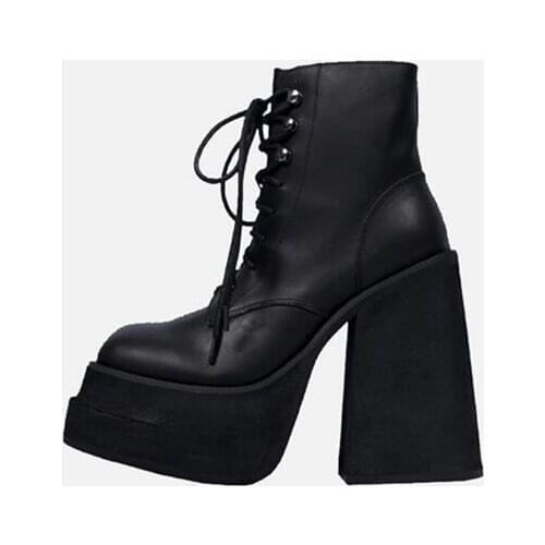 New Girls Black Genuine Leather Punk Thick Sole Short Boots Woman 115 mm Chunky Heels Lace Up Zipper Platform Cool Ankle Boots