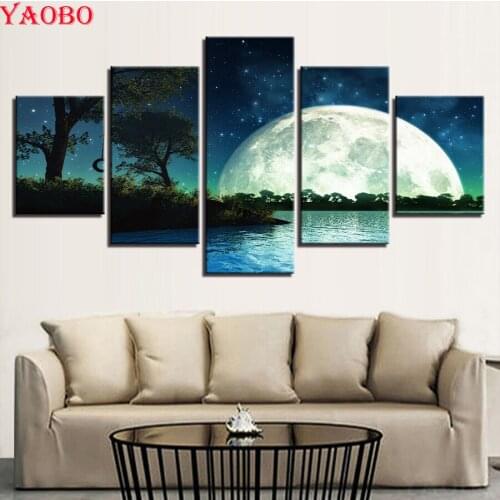 2019 new arrials diamond Embroidery Tree moon landscape Multi-pictures mosaic diamond Painting for Living Room Home decor 5 PCS