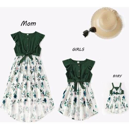 Family Matching Clothes Short Sleeve Mom and Daughter Dress Flower Print Summer Dress Fashion Women Girls Cotton Dress
