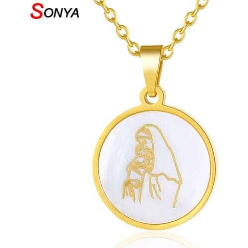 SONYA Virgin Mary Necklace For Women Stainless Steel Jewelry Gold/Steel Color Shell Round Necklaces Religious Bijoux Jewelry