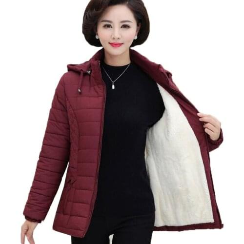 Middle-aged Womens Parkas Basic Jackets Autumn Winter Plus Velvet Lamb Hooded Coats Cotton Winter Jacket Womens Mama Overcoat