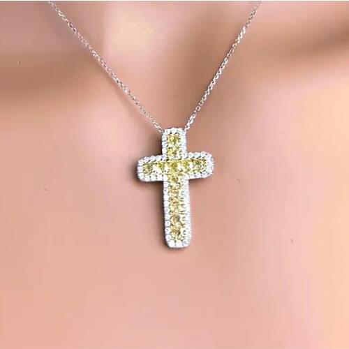 Luxury Female Yellow Crystal Pendant Necklace Cute Silver Color Chain Necklaces For Women Vintage Bride Cross Wedding Necklace