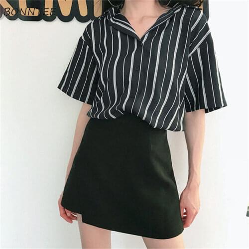 Shirts Women British Style Vintage Simple Retro Trendy Striped BF Short Sleeve Chic All-match Tops Students Lady Loose Leisure