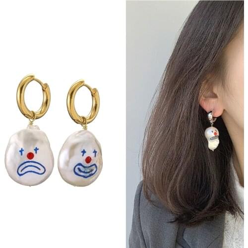 Handmade Clown Face Real Natural Pearls Drop Earrings Asymmetric Funny Clown Personality Clown Gold Hoop Earrings