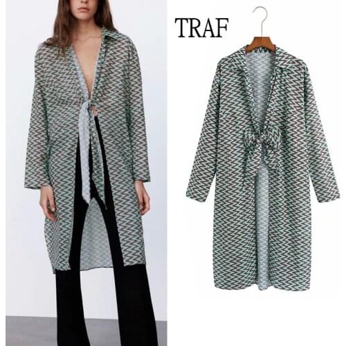 TRAF Za Women Long Blouses 2021 Fashion Print Womens Oversize Shirt Elegant Bow Tie Blouses Chic Women Top Loose Woman Clothing