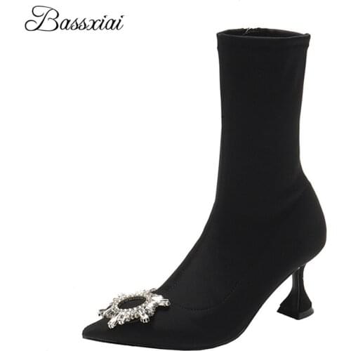 Stretch Fabric Ankle Boots Women Unique Goblet Heel Side Zip Point Toe Crystal Rhinestone Sunflower Buckle Winter Botas Mujer