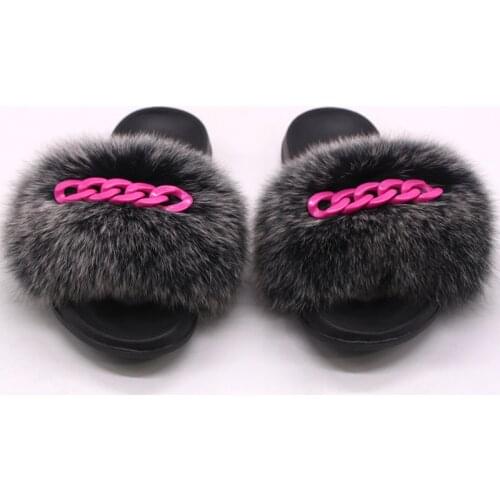 Female Real Fox Raccoon Fur Slippers 2021 Summer Chain Decoration Fluffy Furry House Shoes Indoor Slides Sandals for Women TX39