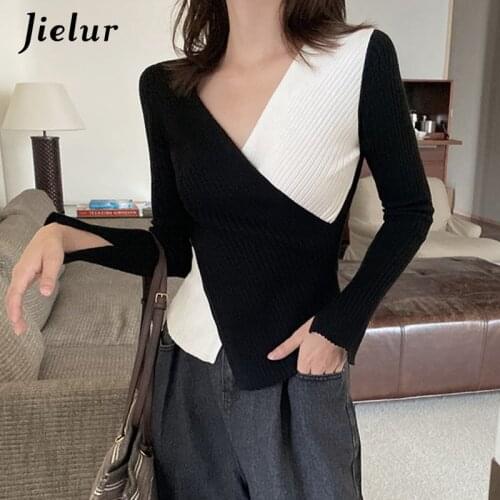 Jielur V-neck Sweater Women Autumn Winter Patchwork Basic Primer Pull Femme Chic Slim Jumper Soft New Pullovers Knitted Sweaters