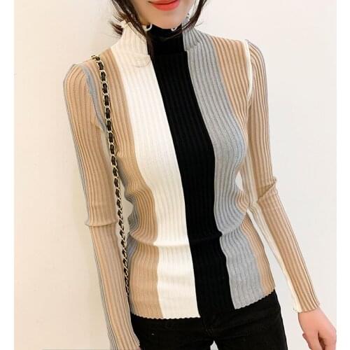 Autumn Casual Striped Colorblock Sweater Women Knitted Pullover Ruffled Neck Bodycon Long Sleeve Korean Slim Female Jumper Z316