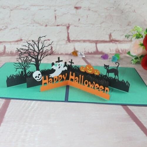 3D Handmade Cartoon Cemetery Ghost Pumpkin Skeleton Cat Paper Invitation Greeting Card Halloween Party Children Creative Gift
