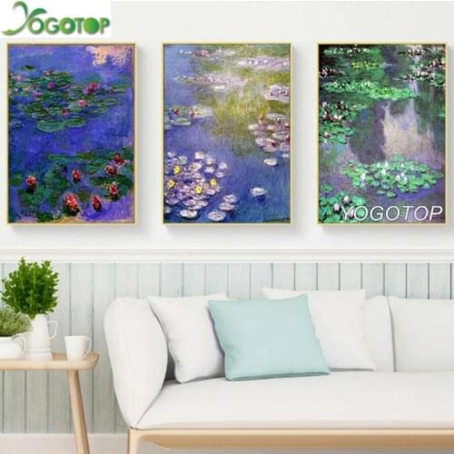 5D DIY Diamond Painting Monet Lotus Flower Scenery Embroidery Painting Water lily Picture Of Rhinestone Mosaic 3 pcs decor ML869