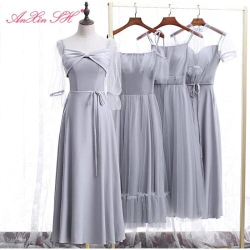 AXJFU princess grey Bridesmaid Dress vintage party o neck illusion ruffles lace up Bridesmaid Dress host little grey dress