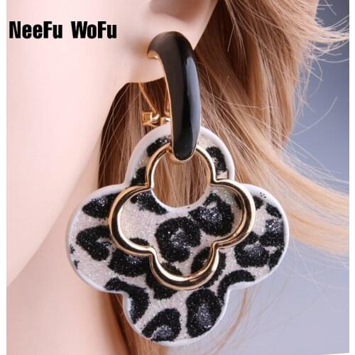 NeeFu WoFu Drop Clover Big Earring Flash Clover Flash Leather Zinc alloy Large Long Ear Leopard Oorbellen Brinco Christmas Gift