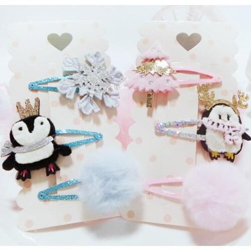Boutique 5Sets Fashion Glitter Tiaras Reindeer Penguin Snap Clips Fur Pom Pom Snowflake Tree Barrettes Princess Xmas Headwear