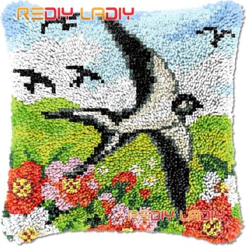 Latch Hook Cushion Cover Spring Swallows Needlepoint Kits Chunky Acrylic Yarn Crocheting Pillow Case Arts & Crafts