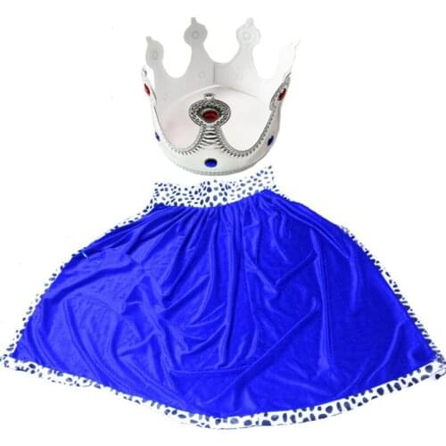 Children King Costume Blue Red Velvet Cloak Cape with Crown Outfit Set for Kids Halloween Prince Cosplay Party Outfit Set