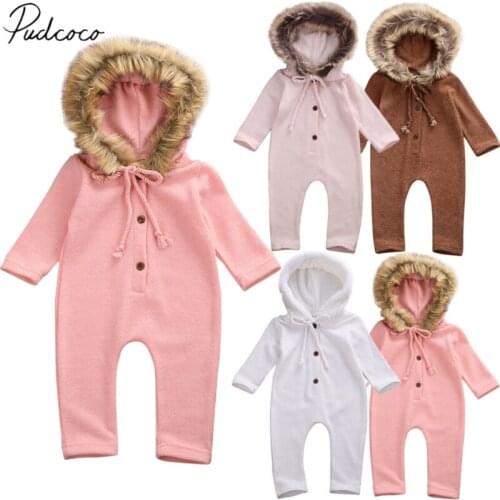 2019 Autumn Winter Newborn Infant Baby Girl Boy Toddler Clothes Fuzzy Hooded Romper Solid Jumpsuit Long Sleeve Warm Outfits