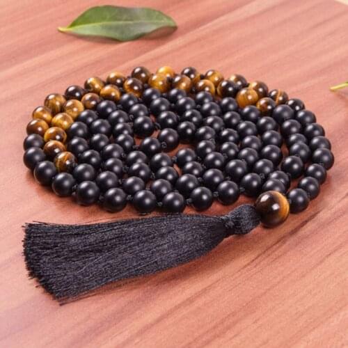 Customized Mens Mala Beads 108 Necklace Meditation Beads Tiger Eye Black Onyx Necklace Knotted Tassel Necklaces Mens Jewelry
