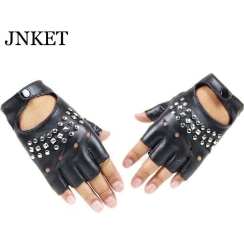 JNKET New Fashion Men Rivet PU Leather Gloves Women Gloves Half Finger Gloves Punk Gloves Dance Gloves Nightclub Gloves