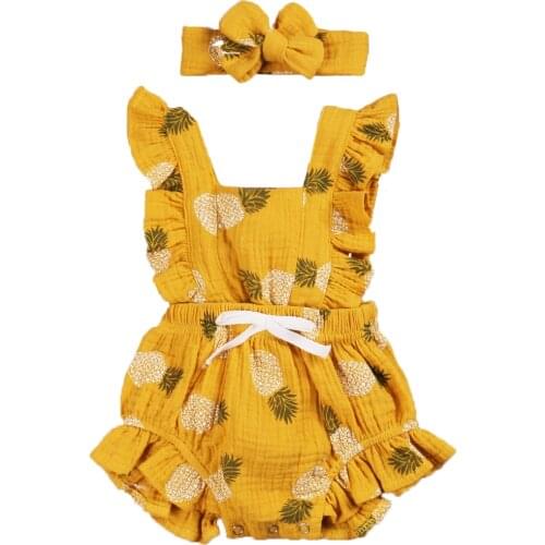 2Pcs Newborn Baby Print Romper Bow Knot Headband Flying Sleeve Square Neck Infant Toddler Summer Rompers Jumpsuits 0-24M