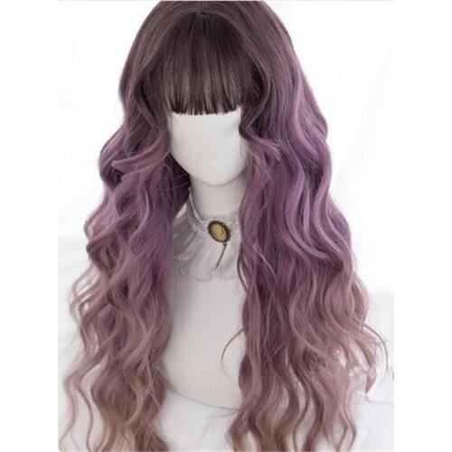 Lolita Girl Long Wavy mixed Purple With Bangs Cute Doll Cosplay Women Wig D053