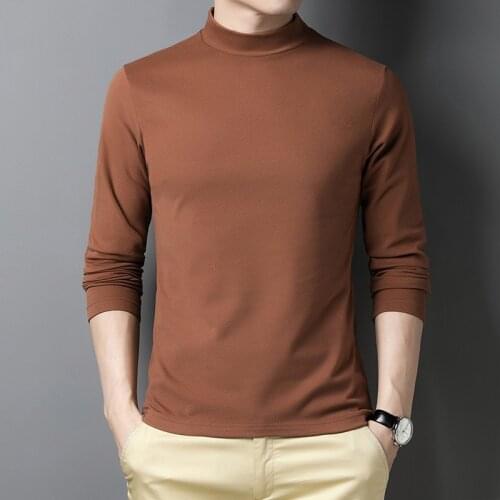 2020 Autumn New Mens Fleece T-shirt Half High Collar Long Sleeve Solid Color Slim Bottoming Shirt Male Brand Clothes