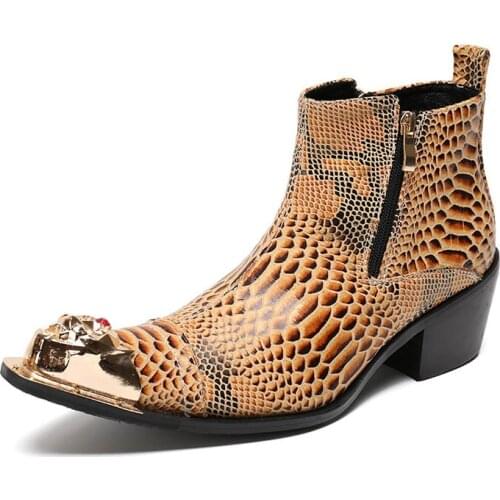 Business Office Work Mens Formal Ankle Boots Genuine Leather Med Heels Metal Toes Punk Stage Show Footwear Large Size Rock Shoes