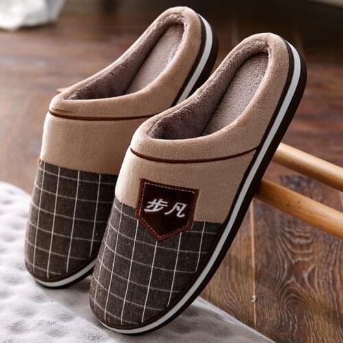 Mans Home Plush Fuzzy Slippers Anti-odor Fur Slides Men House Warm Shoes Winter Fur Slippers Gingham Sewing Shoes Large Size 50