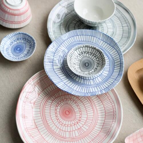 Japan style dinner plates thread printed under glazed irregular ceramic plate dish square salad bowls round porcelain plate