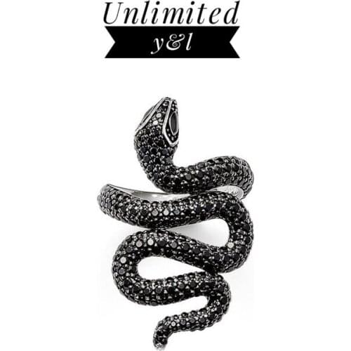 Animal Snake Open Winding Rings Punk Style Black Cubic Zirconia Silver Fashion Good Jewelry for Women and Men Love Gifts