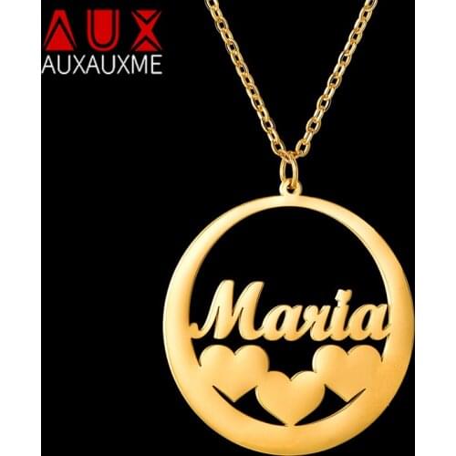Auxauxme Personalized Round 3 Hearts Name Necklace for Women Stainless Steel Custom Nameplate Choker Birthday Jewelry Gifts