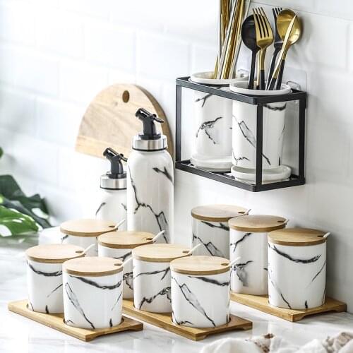 Nordic Marble Pattern Ceramic Spice Jar Salt Sugar Pepper Shaker Seasoning Pots Kitchen Chopstick holder Oil Storage Bottle Rack